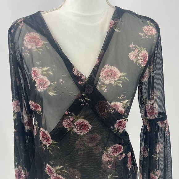 Bongo sheer romantic roses faux wrap blouse Gothic wide bell sleeve large - Picture 4 of 16